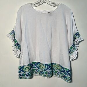 FALLS CREEK Boho Beach Linen Embroidery Dolman Ruffle Scoop Button Back Top 1X